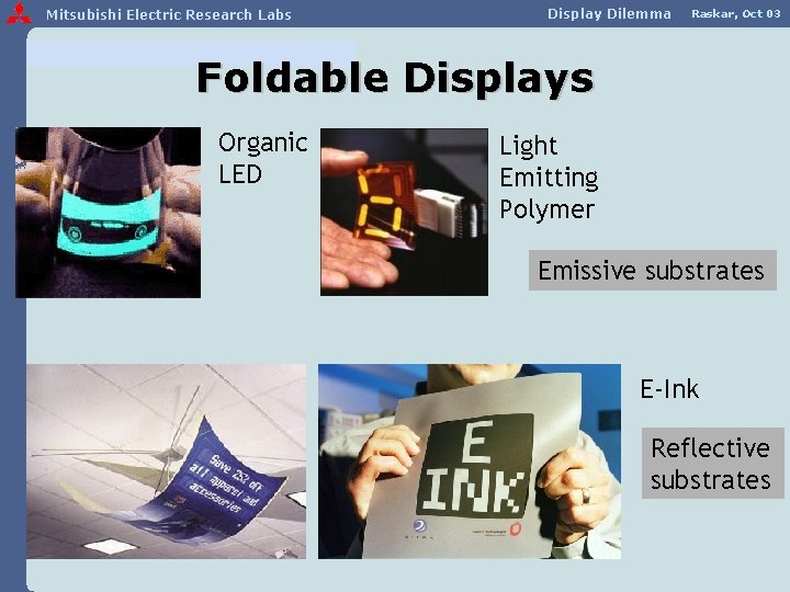 Mitsubishi Electric Research Labs Display Dilemma Raskar, Oct 03 Foldable Displays Organic LED Light