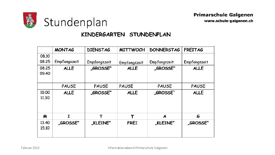 Stundenplan Februar 2019 Informationsabend Primarschule Galgenen 