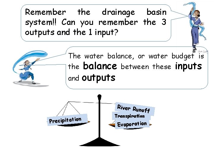 Remember the drainage basin system!! Can you remember the 3 outputs and the 1