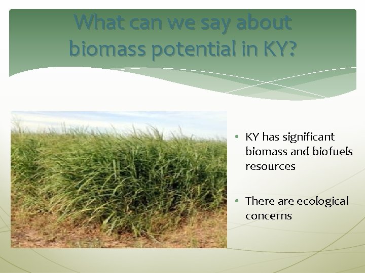 What can we say about biomass potential in KY? • KY has significant biomass