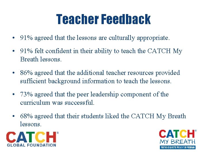 Teacher Feedback • 91% agreed that the lessons are culturally appropriate. • 91% felt