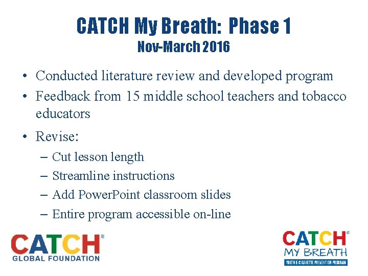 CATCH My Breath: Phase 1 Nov-March 2016 • Conducted literature review and developed program