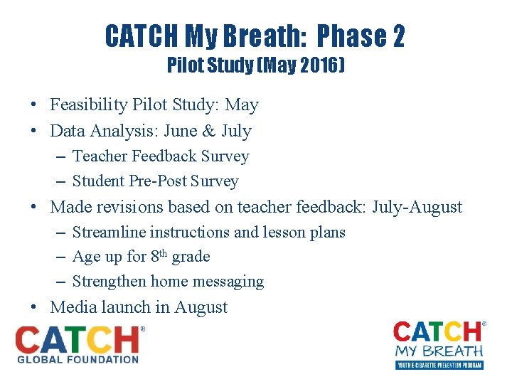 CATCH My Breath: Phase 2 Pilot Study (May 2016) • Feasibility Pilot Study: May