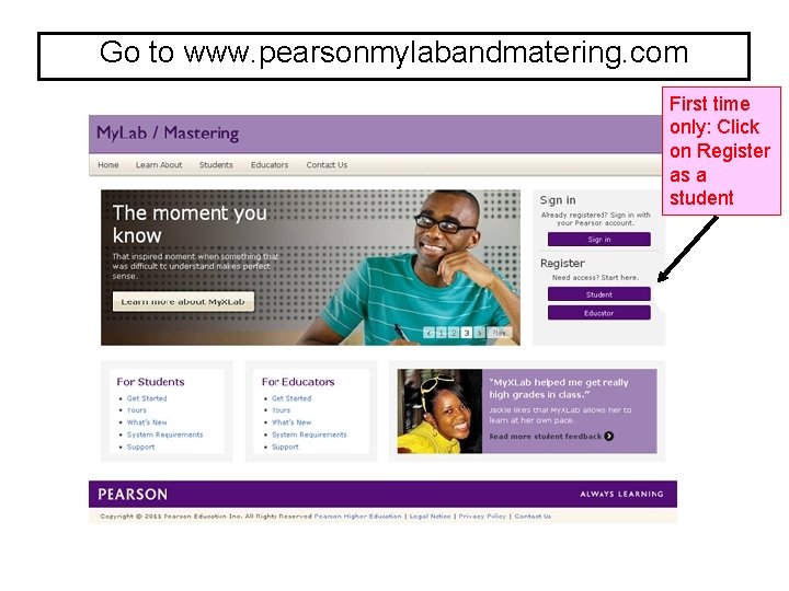 Go to www. pearsonmylabandmatering. com First time only: Click on Register as a student