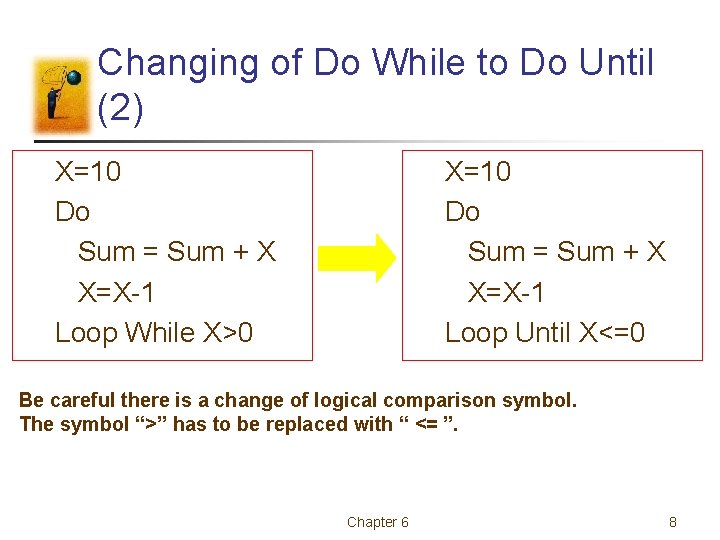 Changing of Do While to Do Until (2) X=10 Do Sum = Sum +