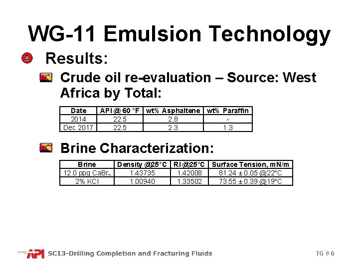 WG-11 Emulsion Technology Results: Crude oil re-evaluation – Source: West Africa by Total: Date