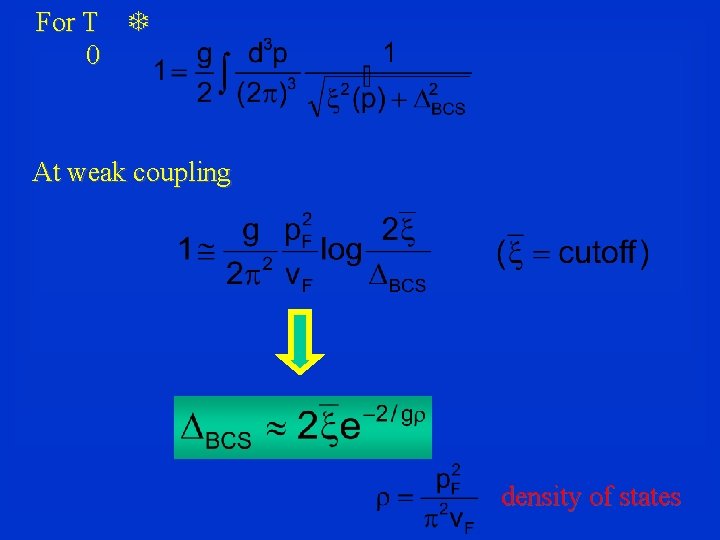 For T T 0 At weak coupling density of states 