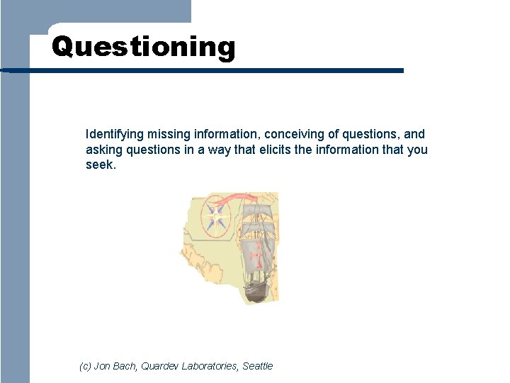 Questioning Identifying missing information, conceiving of questions, and asking questions in a way that