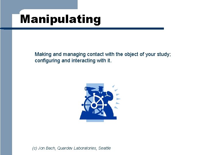 Manipulating Making and managing contact with the object of your study; configuring and interacting