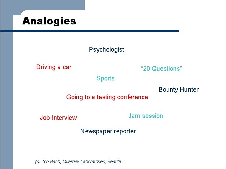 Analogies Psychologist Driving a car “ 20 Questions” Sports Bounty Hunter Going to a