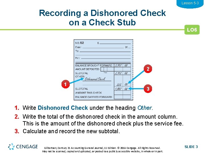 Lesson 5 -3 Recording a Dishonored Check on a Check Stub LO 6 2
