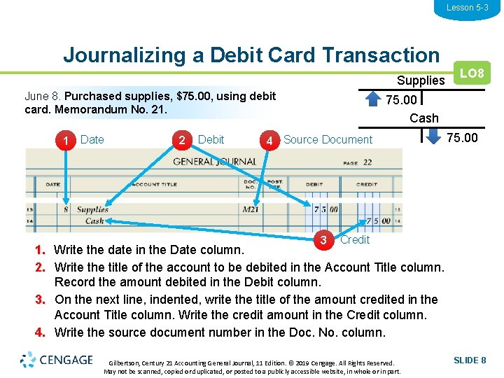 Lesson 5 -3 Journalizing a Debit Card Transaction Supplies June 8. Purchased supplies, $75.