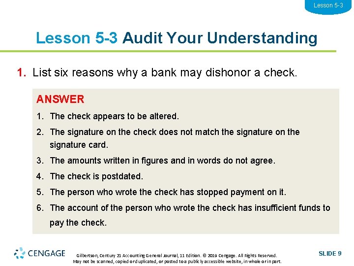 Lesson 5 -3 Audit Your Understanding 1. List six reasons why a bank may