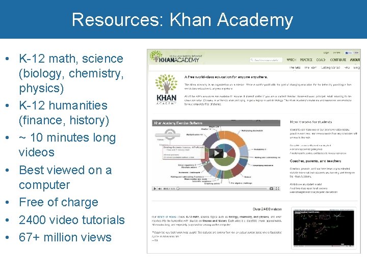 Resources: Khan Academy • K-12 math, science (biology, chemistry, physics) • K-12 humanities (finance,