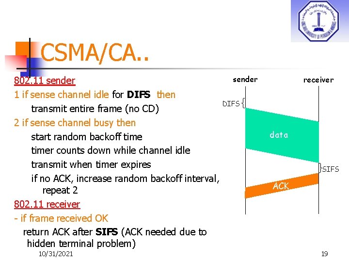 CSMA/CA. . 802. 11 sender 1 if sense channel idle for DIFS then transmit