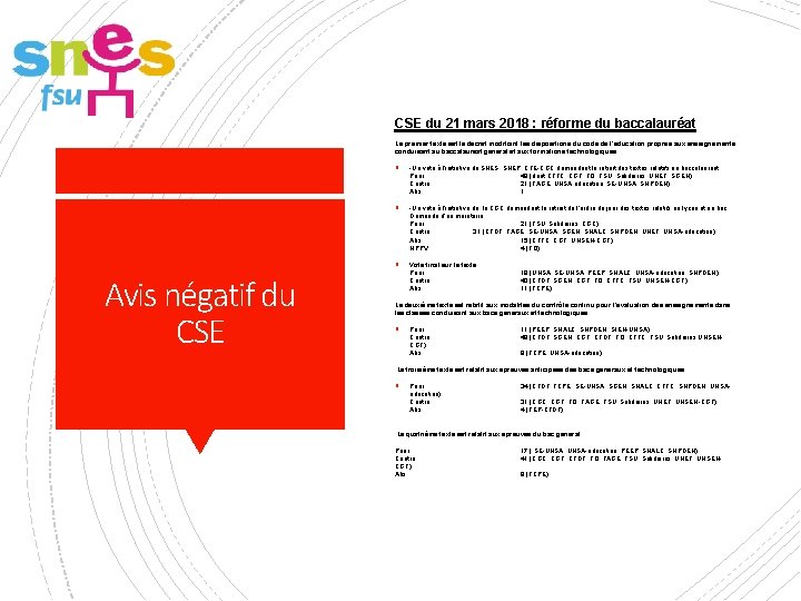 CSE du 21 mars 2018 : réforme du baccalauréat Le premier texte est le