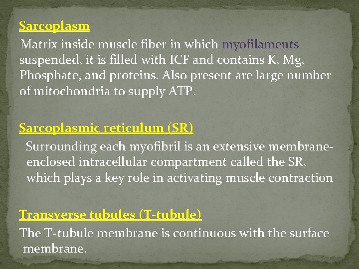 Sarcoplasm Matrix inside muscle fiber in which myofilaments suspended, it is filled with ICF