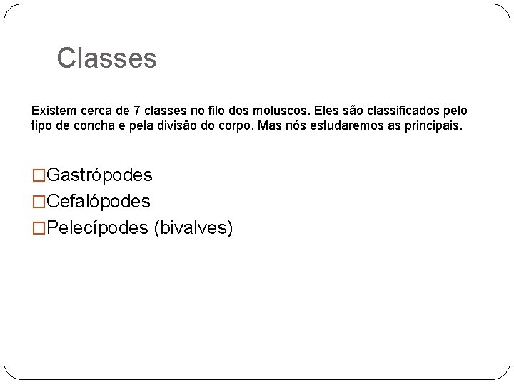 Classes Existem cerca de 7 classes no filo dos moluscos. Eles são classificados pelo