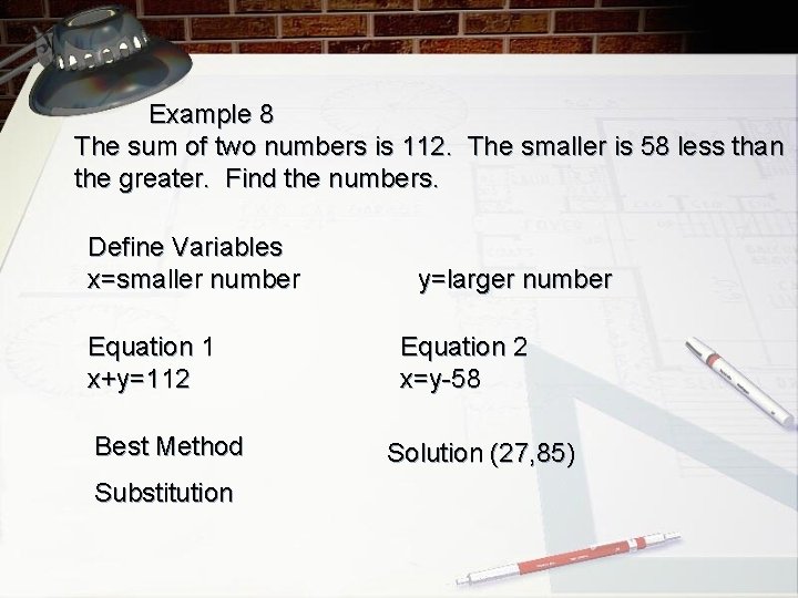 Example 8 The sum of two numbers is 112. The smaller is 58 less