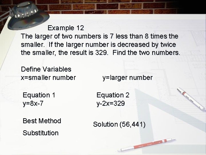 Example 12 The larger of two numbers is 7 less than 8 times the