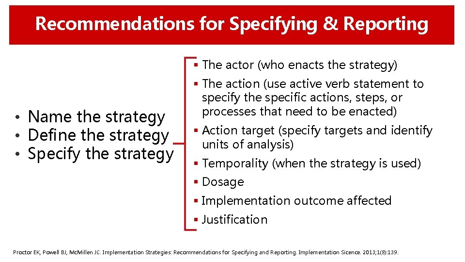 Recommendations for Specifying & Reporting § The actor (who enacts the strategy) • Name