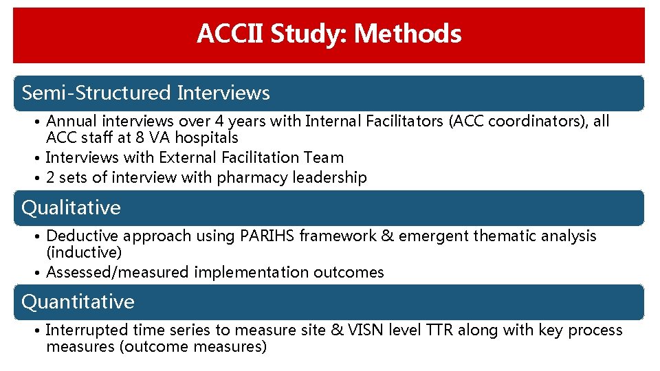 ACCII Study: Methods Semi-Structured Interviews • Annual interviews over 4 years with Internal Facilitators