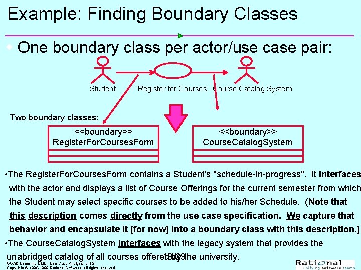 Example: Finding Boundary Classes w One boundary class per actor/use case pair: Student Register