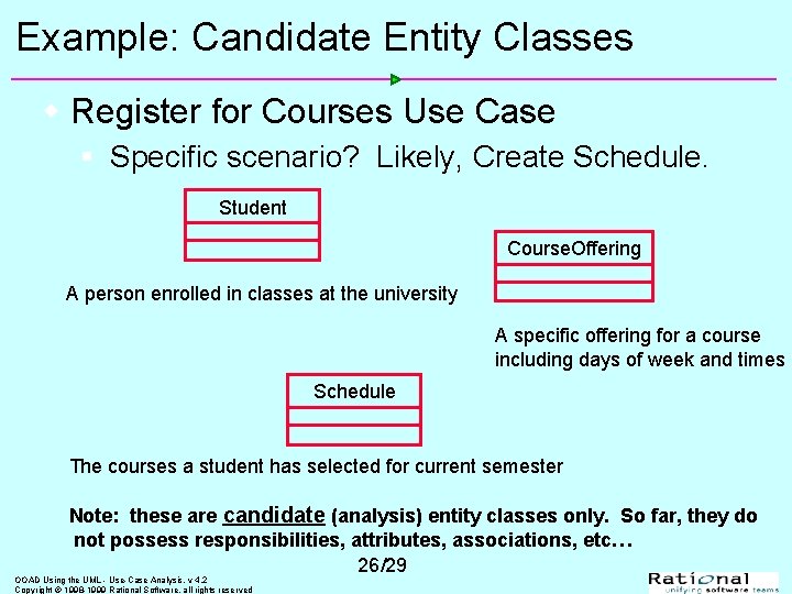 Example: Candidate Entity Classes w Register for Courses Use Case § Specific scenario? Likely,