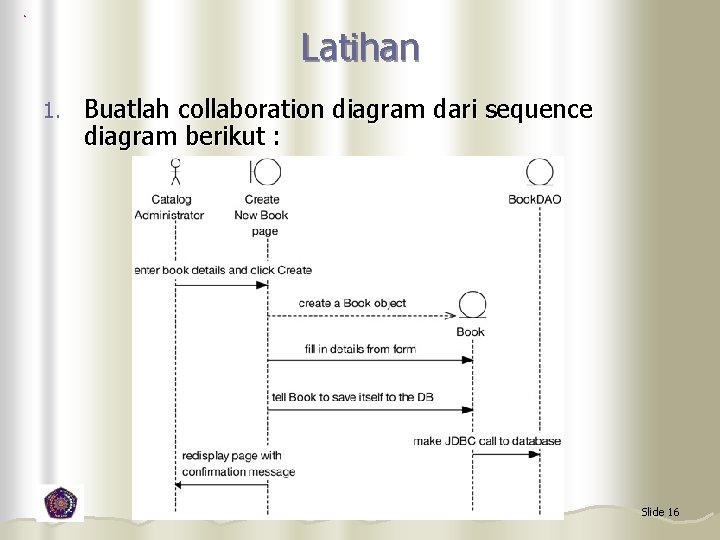 Latihan 1. Buatlah collaboration diagram dari sequence diagram berikut : Slide 16 