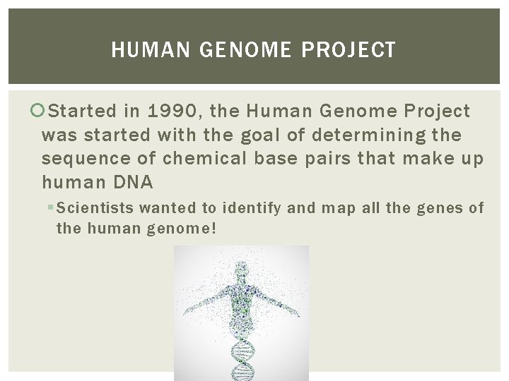 HUMAN GENOME PROJECT Started in 1990, the Human Genome Project was started with the