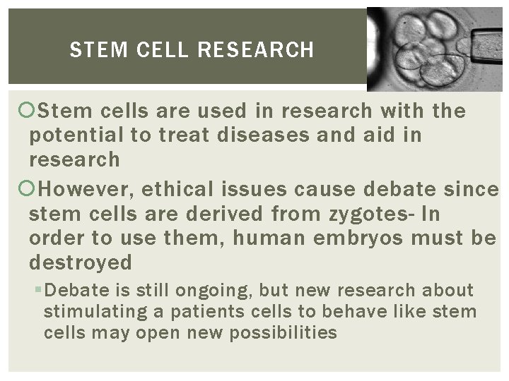 STEM CELL RESEARCH Stem cells are used in research with the potential to treat