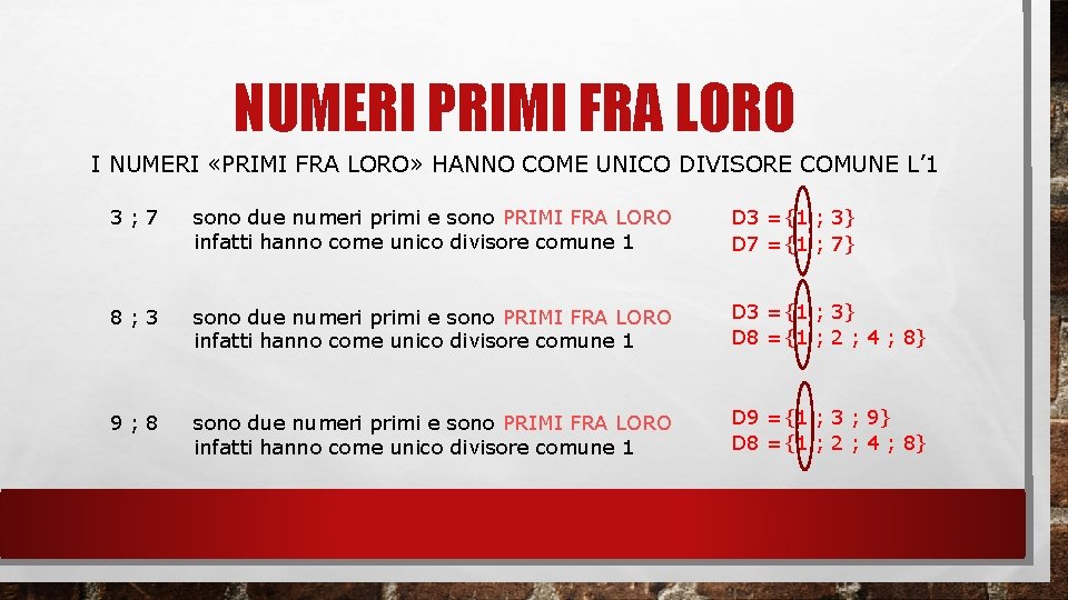 NUMERI PRIMI FRA LORO I NUMERI «PRIMI FRA LORO» HANNO COME UNICO DIVISORE COMUNE