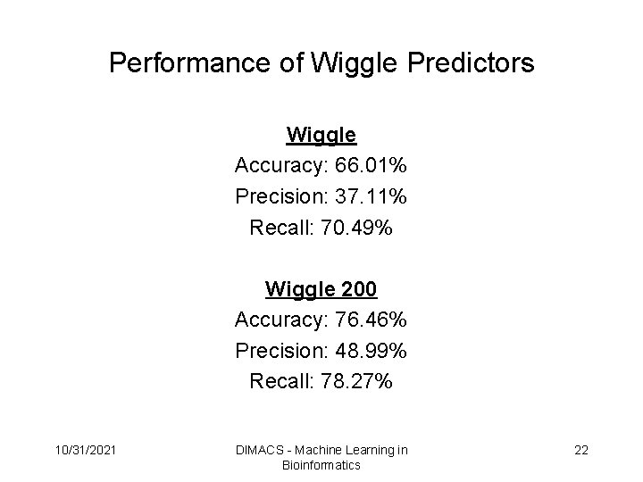 Performance of Wiggle Predictors Wiggle Accuracy: 66. 01% Precision: 37. 11% Recall: 70. 49% Performance of Wiggle Predictors Wiggle Accuracy: 66. 01% Precision: 37. 11% Recall: 70. 49%