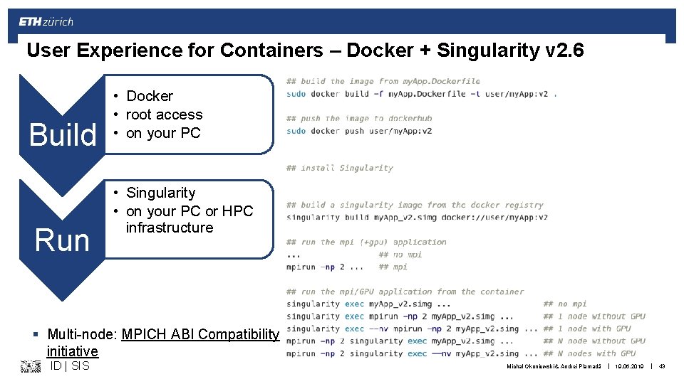 User Experience for Containers – Docker + Singularity v 2. 6 Build Run •