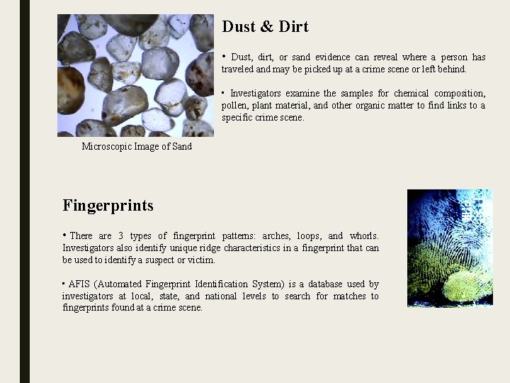 Dust & Dirt • Dust, dirt, or sand evidence can reveal where a person