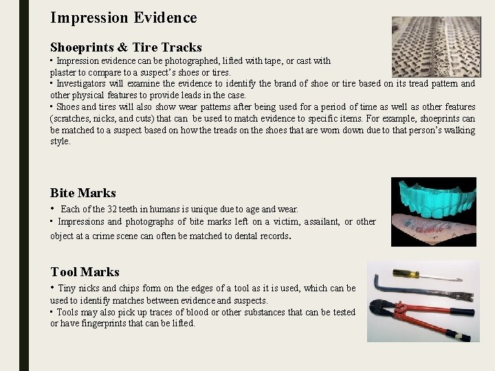 Impression Evidence Shoeprints & Tire Tracks • Impression evidence can be photographed, lifted with