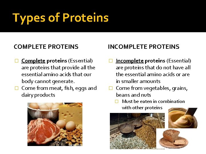 Types of Proteins COMPLETE PROTEINS INCOMPLETE PROTEINS Complete proteins (Essential) are proteins that provide