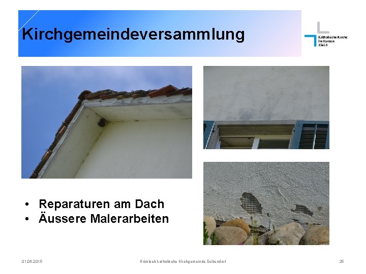 Kirchgemeindeversammlung • Reparaturen am Dach • Äussere Malerarbeiten 01. 06. 2015 Römisch-katholische Kirchgemeinde Dübendorf