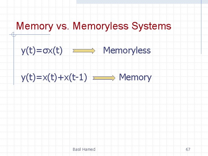 Memory vs. Memoryless Systems y(t)=σx(t) Memoryless y(t)=x(t)+x(t-1) Basil Hamed Memory 67 