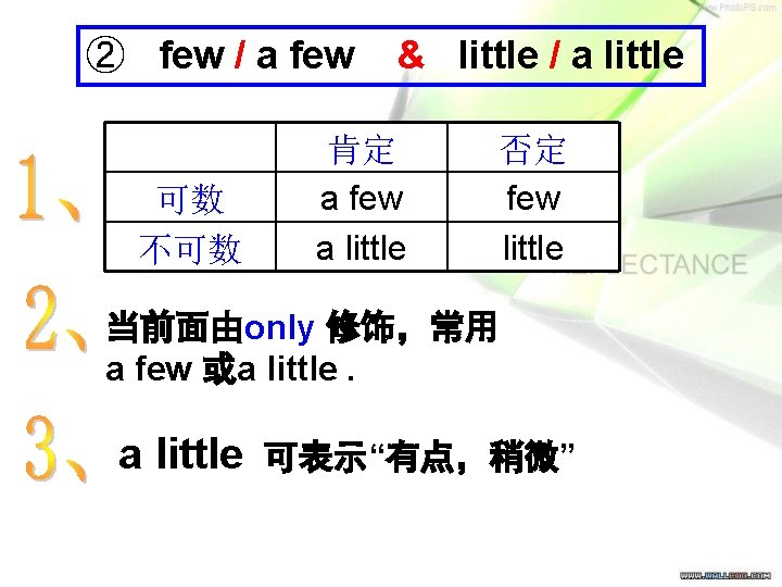 ② few / a few 可数 不可数 & little / a little 肯定 a