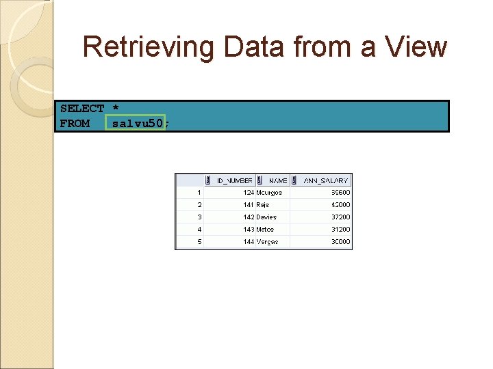 Retrieving Data from a View SELECT * FROM salvu 50;  Retrieving Data from a View SELECT * FROM salvu 50;