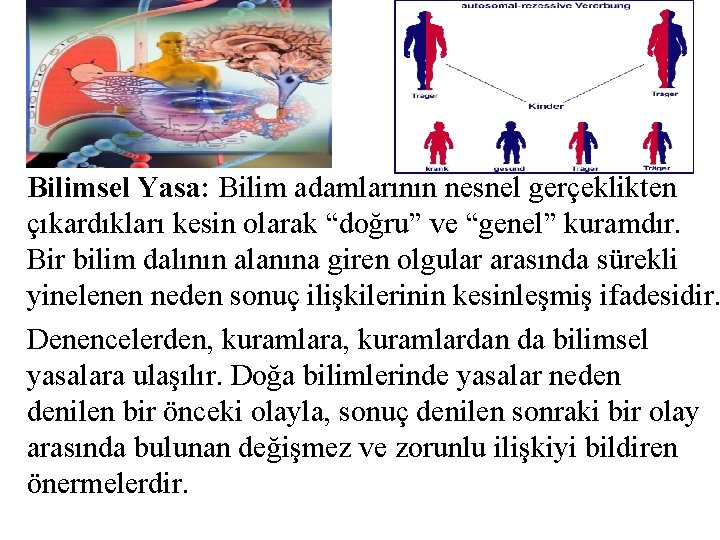 Bilimsel Yasa: Bilim adamlarının nesnel gerçeklikten çıkardıkları kesin olarak “doğru” ve “genel” kuramdır. Bir