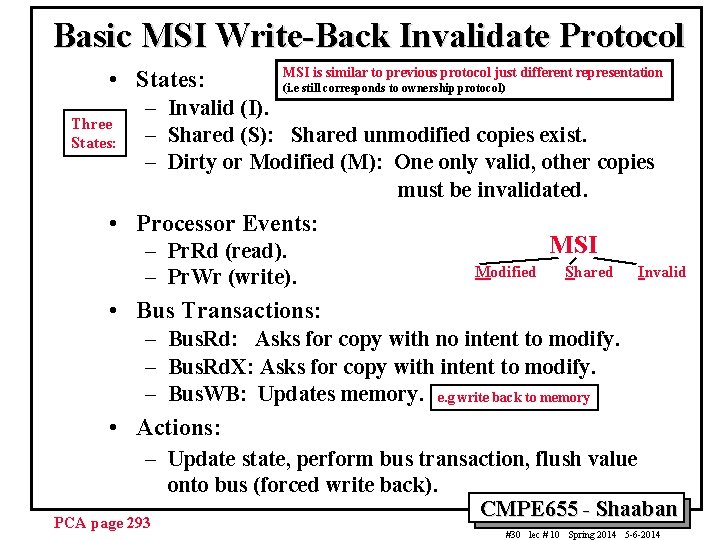 Basic MSI Write-Back Invalidate Protocol • States: Three States: MSI is similar to previous