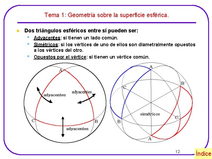 Tema 1: Geometría sobre la superficie esférica. l Dos triángulos esféricos entre sí pueden