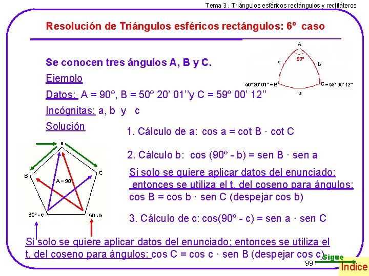 Tema 3. Triángulos esféricos rectángulos y rectiláteros Resolución de Triángulos esféricos rectángulos: 6º caso