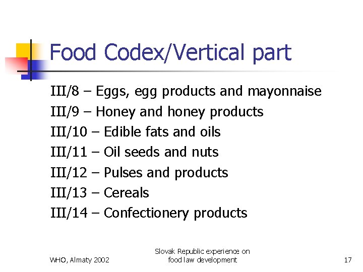 Food Codex/Vertical part III/8 – Eggs, egg products and mayonnaise III/9 – Honey and