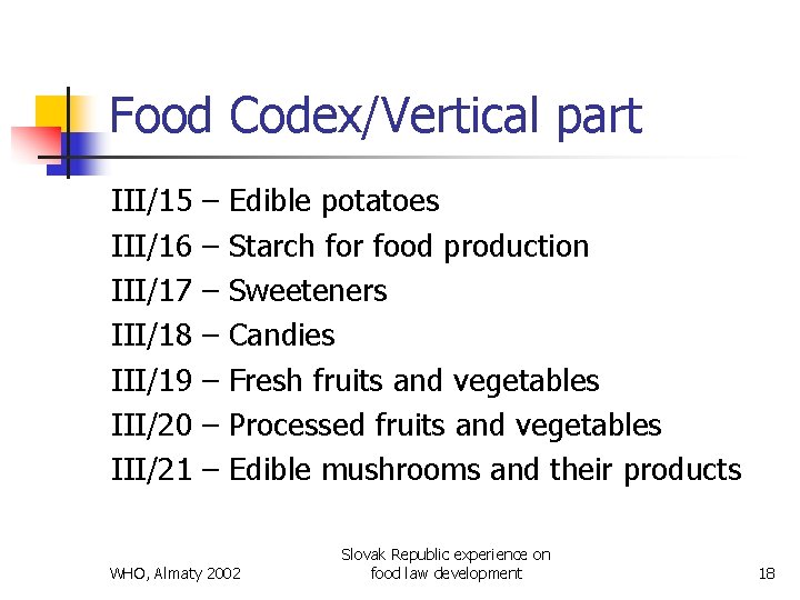 Food Codex/Vertical part III/15 III/16 III/17 III/18 III/19 III/20 III/21 – – – –