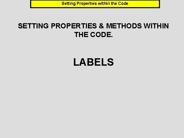 Setting Properties within the Code SETTING PROPERTIES & METHODS WITHIN THE CODE. LABELS 