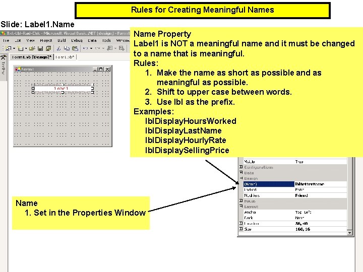 Rules for Creating Meaningful Names Slide: Label 1. Name Property Label 1 is NOT