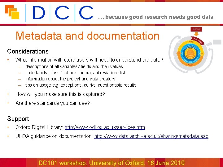 … because good research needs good data Metadata and documentation Considerations • What information